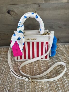 Betsey Johnson White Mini Satchel with Red Stripes and Blue Pom Accents